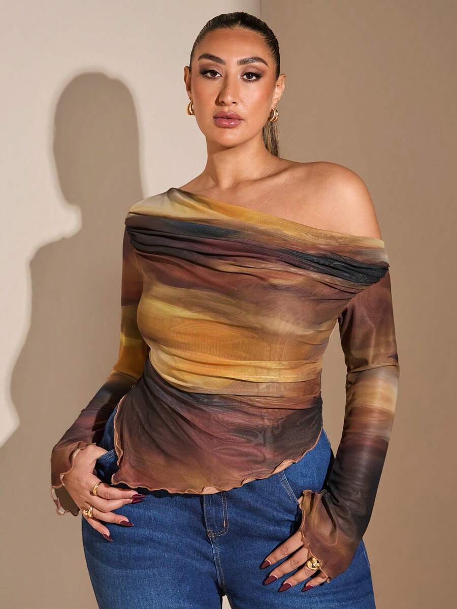 SHEIN BAE Plus Size Asymmetric Collar Tie-Dye Print Ruched Long Sleeve T-Shirt - Brown - View 1