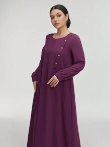 Graceveil Long Sleeve Round Neck Button Detail Modest Dress - Purple - View 4
