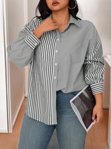 Calvaya Plus Size Women Stripe Print Casual Loose Office Blouse, Autumn/Winter Women Shirt