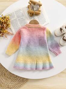 女童甜美渐变色彩虹条纹荷叶边下摆连衣裙，冬季