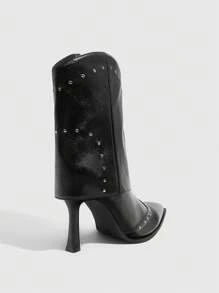 CUCCOO SZL Women's Sexy Fashion Rivet Decor Shaft Boots, Casual Versatile Side Zipper Black High Heel Boots