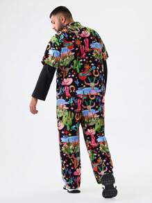 Manfinity NXTstreet Conjunto de 2 piezas de camisa de tejido y pantalones holgados con estampado de cactus y guitarra para hombre de talla grande