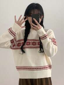 DAZY Women's Color Block Snowflake Christmas Sweater ,Holiday,Fall Clothes - Apricot - View 3