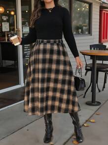 SHEIN LUNE 大码格子松紧腰裙，秋冬休闲 - 彩色 - 查看 3