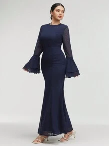 Veilorie 女士春夏优雅圆领喇叭袖美人鱼下摆长款连衣裙 - 藏蓝色 - 查看 5