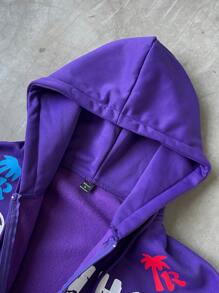Manfinity Roghcode Manfinity Streetrush Men's Autumn Slogan Print Long Sleeve Zip Front Drawstring Hooded Casual Sweatshirt - Purple - View 3