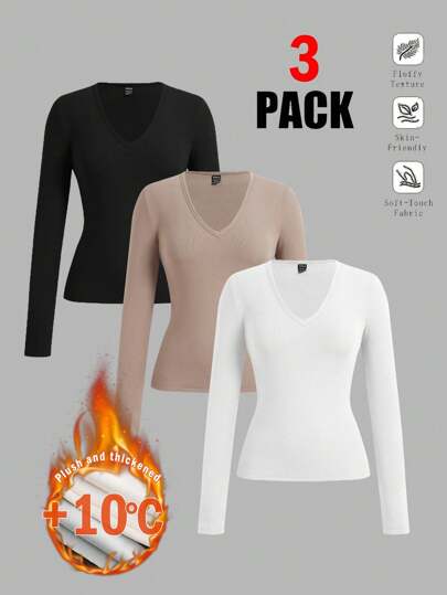 Comfortcana Set de 3 camisetas de mujer con cuello en V profundo, ajuste ceñido, manga larga básica, forradas térmicas, aptas para otoño e invierno