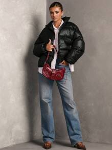 SHEIN BAE 女士纯色长袖拉链领休闲宽松冬季夹克 - 黑色 - 查看 3