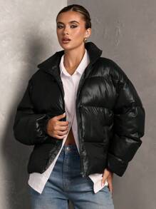 SHEIN BAE 女士纯色长袖拉链领休闲宽松冬季夹克 - 黑色 - 查看 4