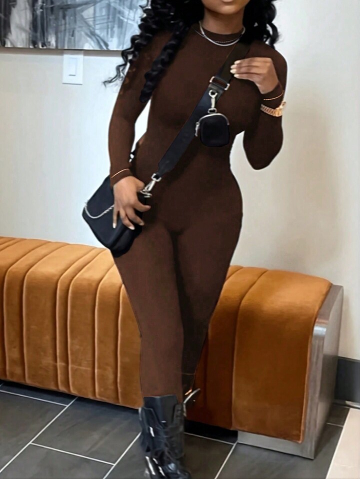 SHEIN Slayr Women Solid Color Long Sleeve Casual T-Shirt And Matching Skinny Jumpsuit, Autumn