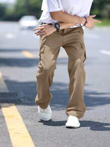 Manfinity Homme 男式休闲宽松直筒工装牛仔裤，带翻盖口袋 - 卡其色 - 查看 5