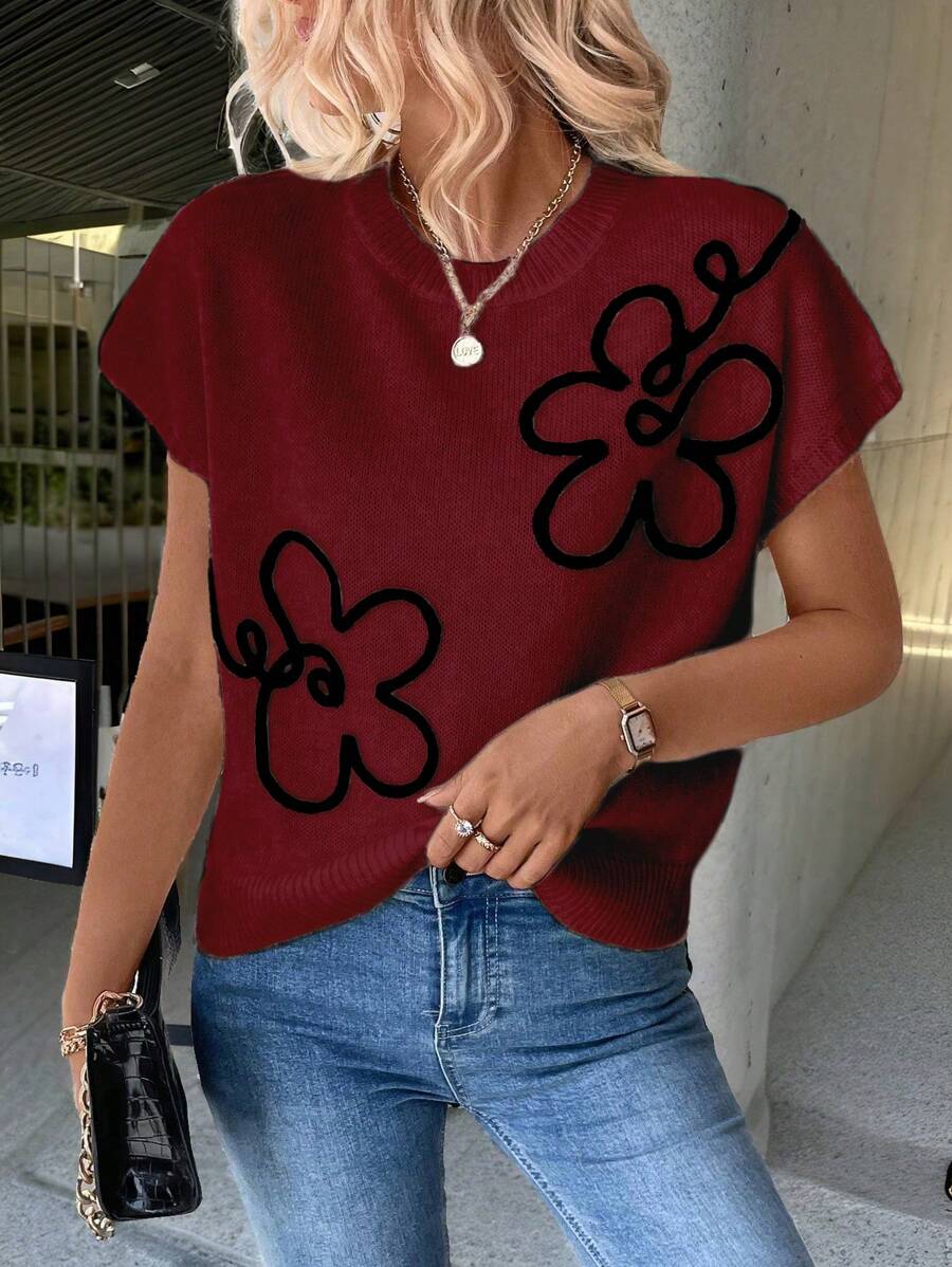 SHEIN LUNE Floral Pattern Wide Strap Short Sleeve Knit Sweater Top For Women For New Year Clothes