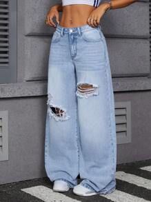 SHEIN Tall 女士破洞口袋宽松休闲阔腿牛仔裤