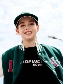 SHEIN Sweat-shirt en polaire confortable et chaud pour les adolescentes, design blocs de couleurs avec imprimé lettre, blouson de baseball, sweat-shirt sportif et mode universitaire - Militaire verte - Voir 3
