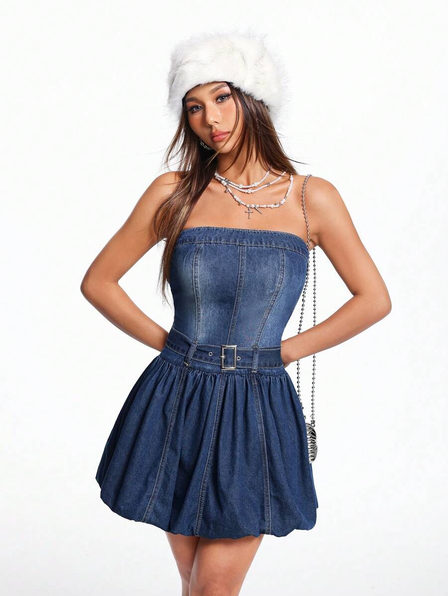 SHEIN EZwear 女士无袖牛仔抹胸连衣裙，性感街头风，蓝色 - 中等水洗藍 - 查看 1