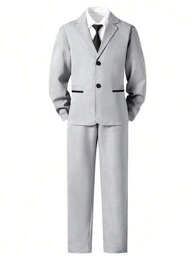 SHEIN 2 件套青少年男童绅士西装套装：长袖缺口翻领夹克和裤子，优雅正式礼服，适合生日派对、婚礼、毕业典礼、圣诞节、万圣节和其他仪式