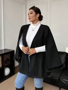 Calvaya Plus Size Women Solid Color Wrap Cloak Overcoat, Autumn/Winter - Black - View 4