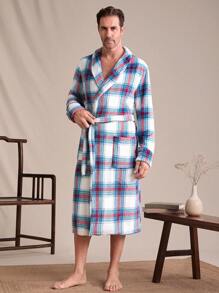 Men's Plaid Print Shawl Neck Patchwork Pocket Drawstring Fluffy Robe, Autumn/Winter