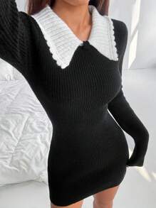 SHEIN Unity 可爱百搭休闲多莉领针织连衣裙 - 黑與白 - 查看 4