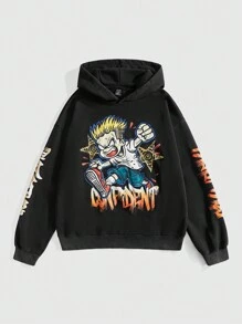 ROMWE MEN Street Life Sudadera con capucha holgada y vintage lavada para hombre, streetwear - Negro - Ver 1