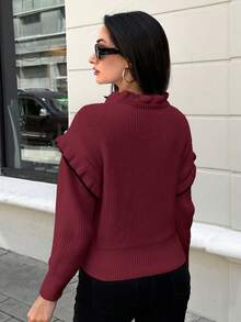 SHEIN Femmes pull à manches longues avec col lavallière froufrou, empiècement patchwork avec garniture à volants, automne/hiver - Rouge foncé - Voir 2