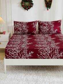 3 件圣诞勃艮第背景白叶数码印花床上用品套装，适合所有季节，圣诞节庆祝活动，适用于卧室、家居装饰 - 酒紅色 - 查看 2