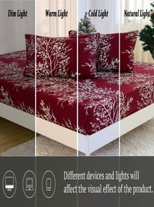 3 件圣诞勃艮第背景白叶数码印花床上用品套装，适合所有季节，圣诞节庆祝活动，适用于卧室、家居装饰 - 酒紅色 - 查看 10