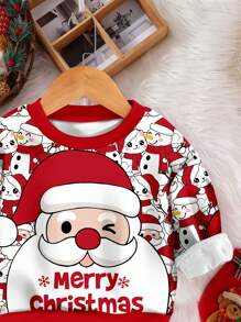 SHEIN Sweatshirt en tricot confortable à manches longues pour jeunes garçons, col rond, style décontracté et ample avec éléments de Noël, convient pour l'automne/l'hiver