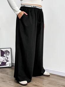 SHEIN CURVE+ 大码女式字母针织腰带休闲运动裤 - 黑色 - 查看 3