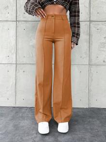 EURMUSE Solid Color Straight Leg High Waisted Suit Pants - Coffee Brown - View 5