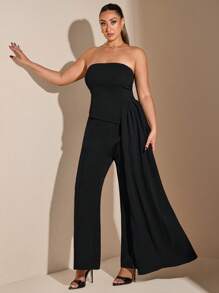 SHEIN BAE Plus Size Curve Women Sexy Elegant Birthday Party Black One Shoulder Tube Top Long Streamer Vest Top And Flared Pants Formal Two Pieces Suit Trouser Suit Christmas Outfits Thanksgiving Outfits - Black - View 1