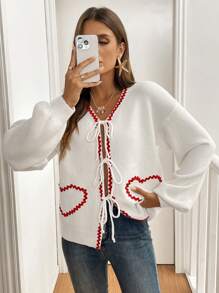 SHEIN Frenchy Women's Color Block Heart Tie Front Cardigan, Suitable For Autumn Winter Casual