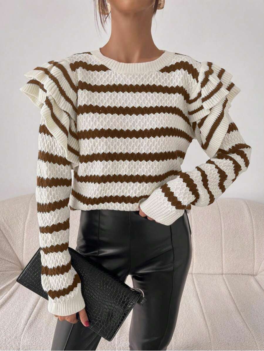 Chiquease Stripe Print Flounced Casual Versatile Crew Neck Long Sleeve Pullover Sweater Knit Pullover Fall Winter Outfit - Multicolor - View 1