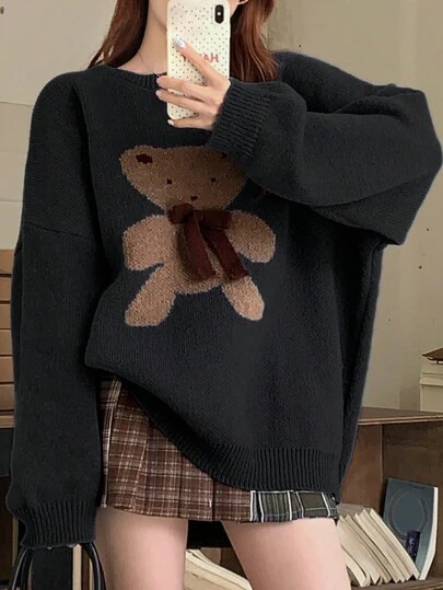 DAZY 1 件女士休闲超大圆领长袖卡通熊毛衣，秋冬，长袖上衣，秋季女装