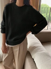 DAZY Women Solid Color Crew Neck Long Sleeve Regular Pullover Sweater, Autumn/Winter,Fall Women Clothes - Black - View 7