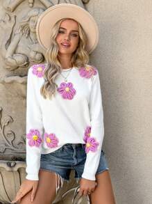 SHEIN LUNE New Year Holiday Women Outfits White Sweater Christmas Women Clothes  1pc Women 3D Floral Print White Pullover Sweater, Winter - White - View 4