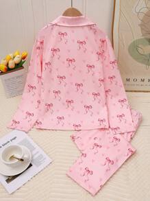 Valentine's Day Tween Girl Light Pink Bow Pattern Cardigan And Long Pants Casual 2 Pieces Pajama Set, Mommy And Me Matching Outfits (Sold Separately In Sets Of 3)