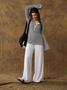 VARSITIE 秋冬条纹长袖运动T恤和短款上衣 - 黑與白 - 查看 5