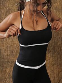 VARSITIE Fashionable And Simple Yoga Black And White Contrast Square Neck Spaghetti Strap Women's Sports T-Shirt & Top - Black - View 5