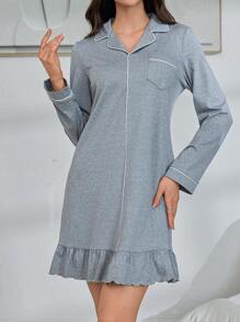 Lazeform 宽松牛奶丝简约翻领长袖睡袍 - 灰色 - 查看 4