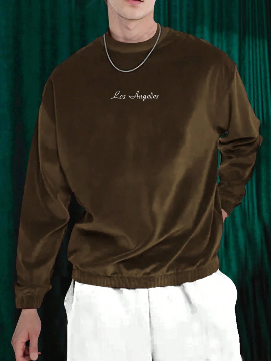 Manfinity AFTRDRK 男士圆领长袖字母图案细节简约休闲运动衫 - 棕色 - 查看 1