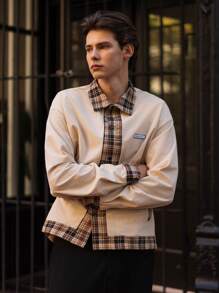 Manfinity VCAY Camisa de manga larga con botones, casual y elegante, con parche de estampado de cuadros y unicolor, para uso diario de hombres jóvenes