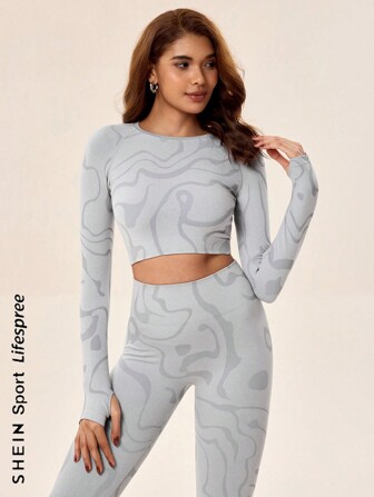 Lifespree 2pcs Women Casual Seamless Crew Neck Long Sleeve Top And Leggings, Stretchy Yoga Sports Suit Gym Set