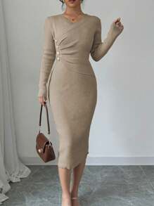 Chiquease Elegantes, minimalistisches Damenstrickkleid mit Knopfverzierungen, figurbetonend, für Herbst/Winter