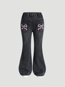SHEIN 年轻女孩蝴蝶结刺绣喇叭牛仔裤，时尚百搭，深灰色 - 深灰色 - 查看 2