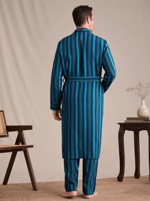 SHEIN EverLounge Men's Striped Print Pocket Tie-Waist Long Sleeve Bathrobe
