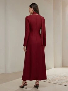 Modelyn 1pc Women Arabian Notched Neck Button Long Sleeve Elegant Solid Color Modest Dress, Burgundy Long Evening Dresses - Burgundy - View 6