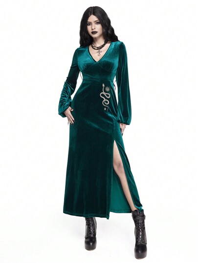 Sexy Gothic Snake Embroidery High Slit Deep V Neck Long Sleeve Velvet Dress
