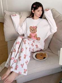 DAZY Cute Bear Print Loose Pajama Set - White - View 3