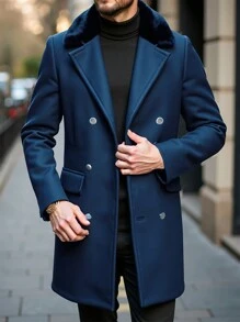 Manfinity Roughcore Men's Solid Color Patchwork Fluffy Lapel Neck Double Breasted Long Sleeve Overcoat, Autumn/Winter - Navy Blue - View 3